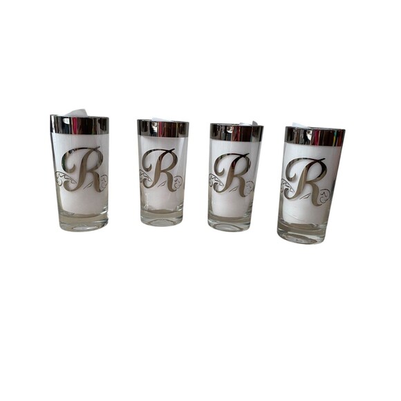 Set of 4 Vintage Silver Rim Highball Glasses Monogram R MCM Barware 5.5" - Picture 2 of 11